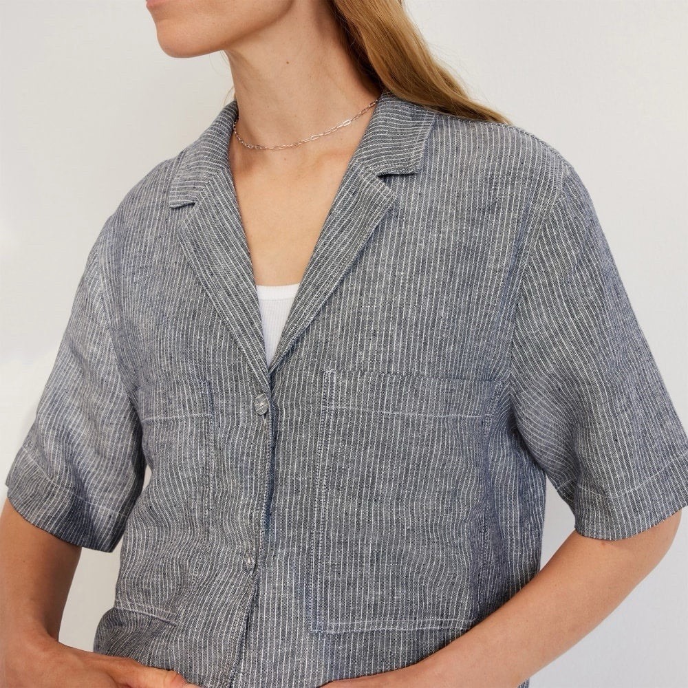 Everlane 100% Linen Workwear Camp Shirt Minimalist Boxy Lagenlook Blue/Gray L